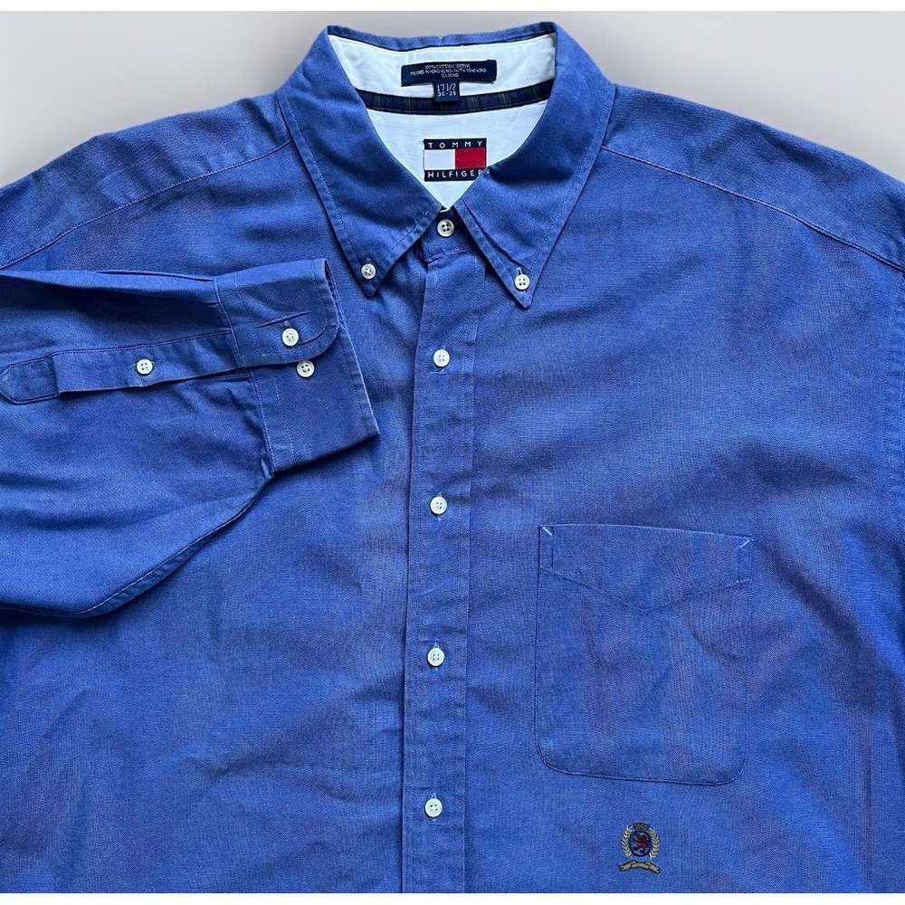Tommy Hilfiger Button Shirt Men 17.5 34-35 Blue Cotton Oxford Crest Vintage - Picture 1 of 11